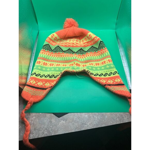 Colorful Knit Winter Hat With Ear Flaps & Pom Pom  100% Acrylic - Picture 1 of 5